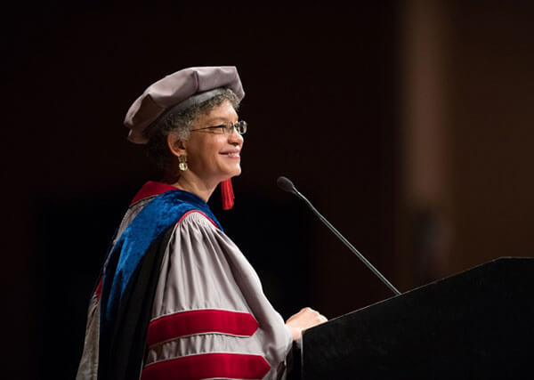 Former Provost Susan M. Collins speaking at commencement