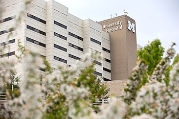 U-M's University Hospital through flowering branches in the spring